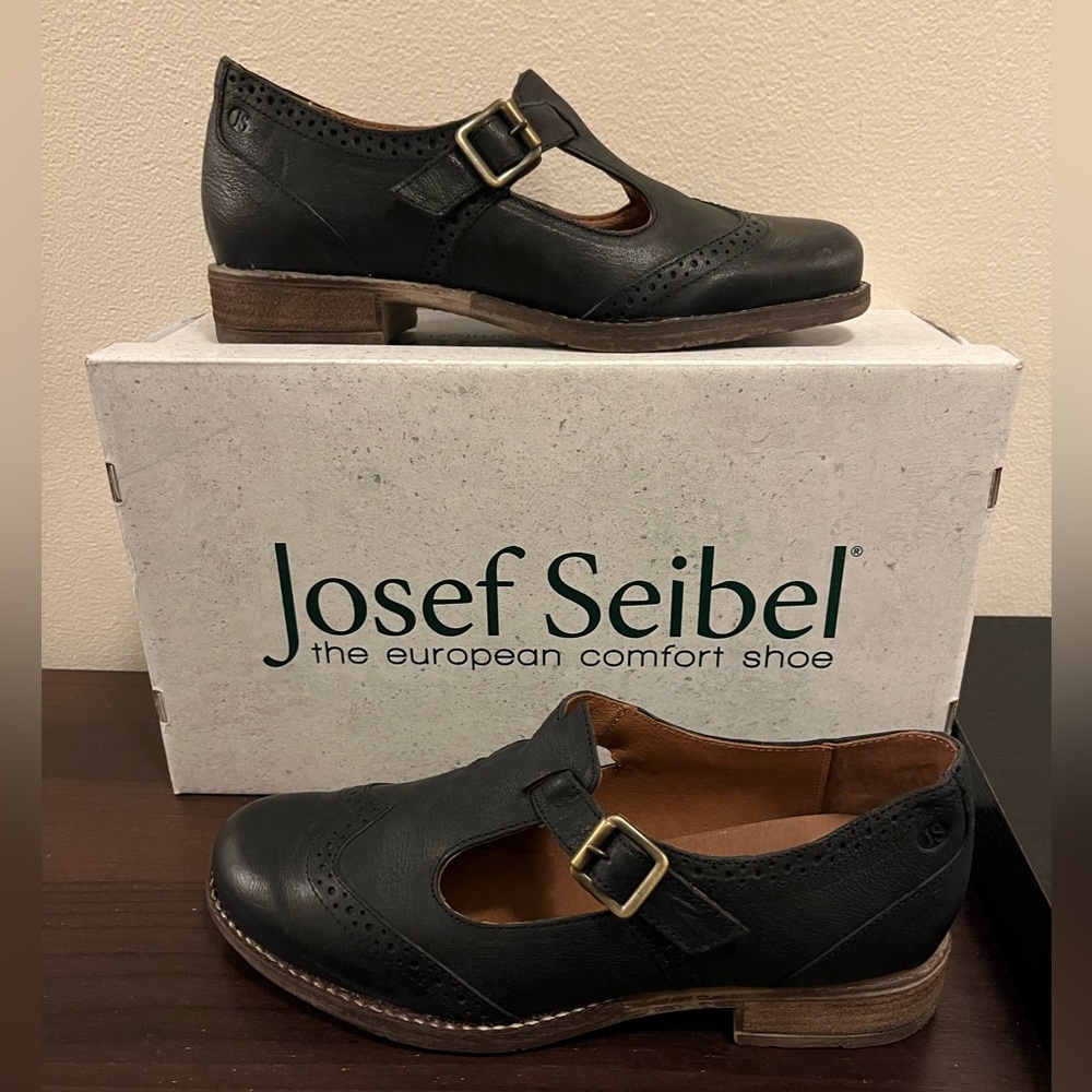 Josef Seibel Black Leather T-Strap Loafers - Picture 2 of 14